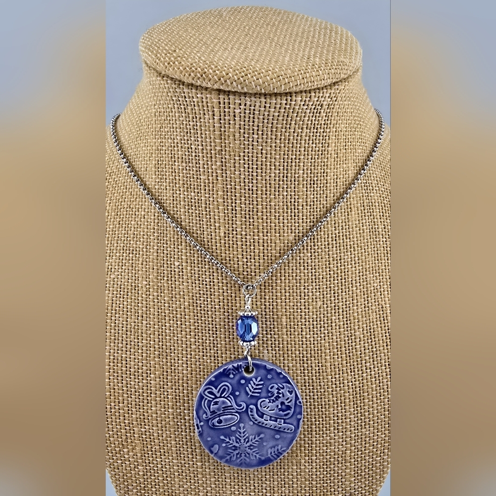 Handmade Kiln Fired Blue Ceramic Christmas Winter Skating Snow Pendant Necklace